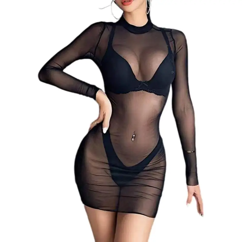 1PC Women Sexy Lingerie See Through Hollow Out Dress Summer Women's Swimwear Slim Stretchy Solid  Long Sleeved Party Beachwear