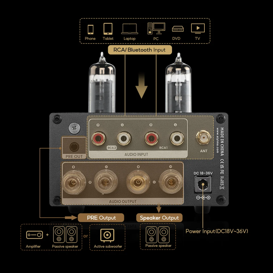 AIYIMA T5 V2.0 Bluetooth対応 真空管 ヘッドホンアンプ AIYIMA T5 V2.0 HiFi 2RCA Bluetooth 5.1 Vacuum Tube Headphone