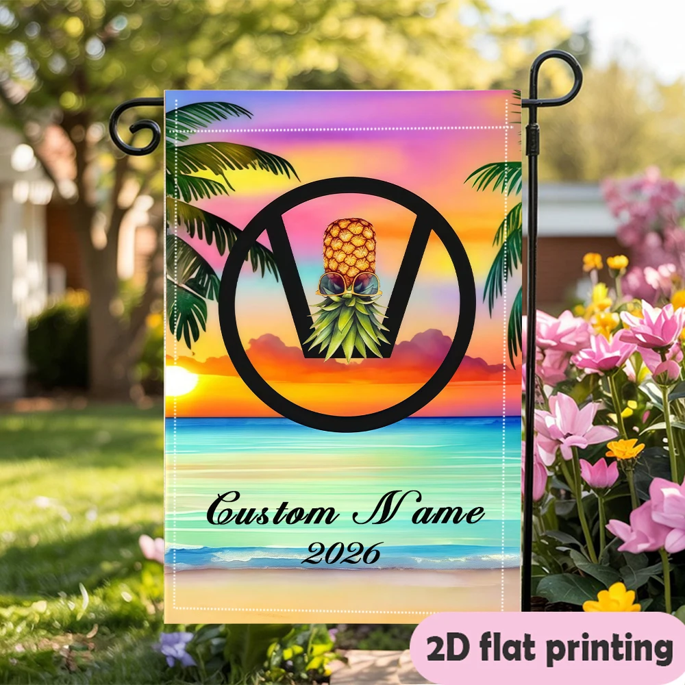 Garden Flag Custom Name And Date Beach Flag With An Upside Down Pineapple In A Circle At Sunset Durable Outdoor Flag