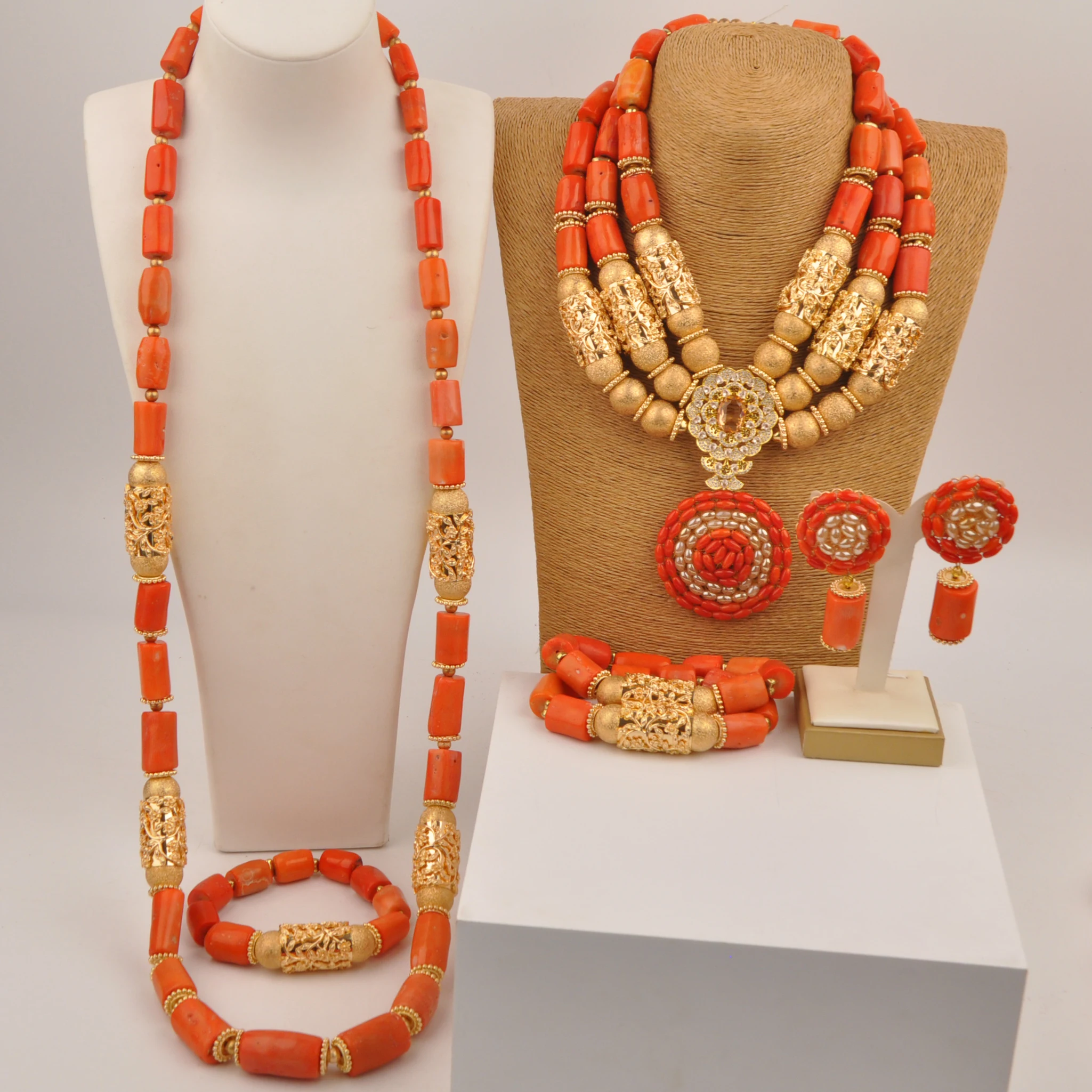 

Nigerian Wedding African Beads Natural Orange Coral Jewelry set for Men and Women