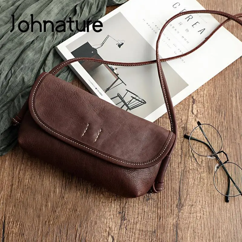 Johnature Handmade Retro Soft Cow Leather Women Bag 2024 New Simple Solid Color Shoulder Bags Leisure Ladies Small Messenger Bag