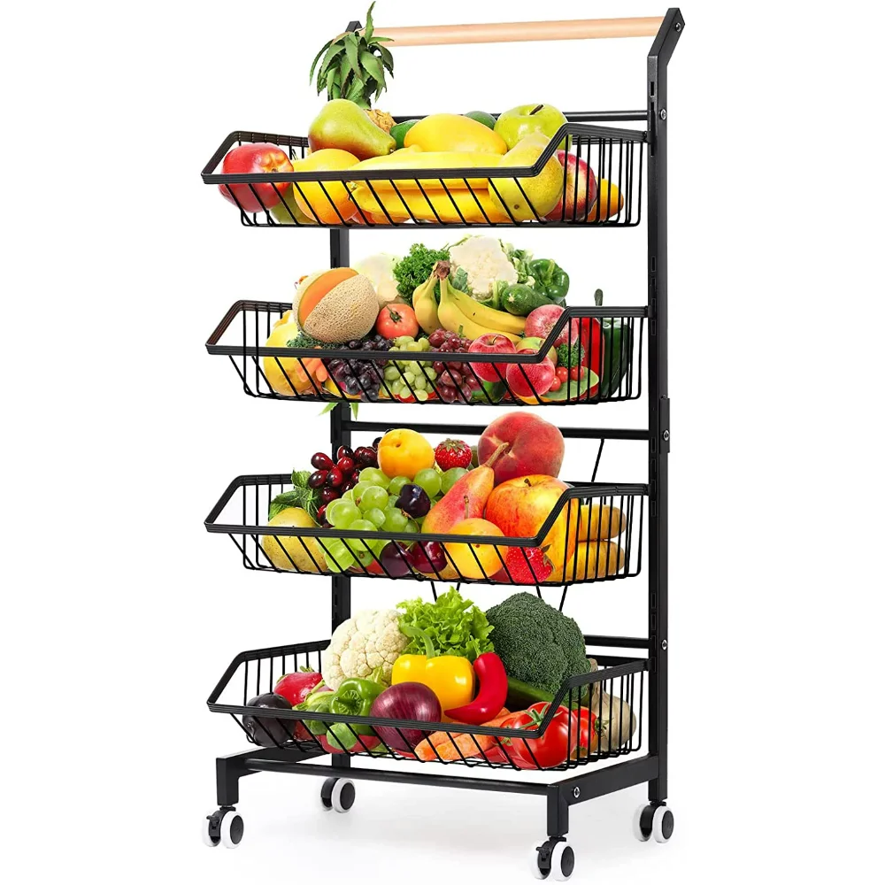 New 4 Tier Fruit Vegetable Storage Basket Rolling Cart with Handle and Wheels Black Kitchen Island Table