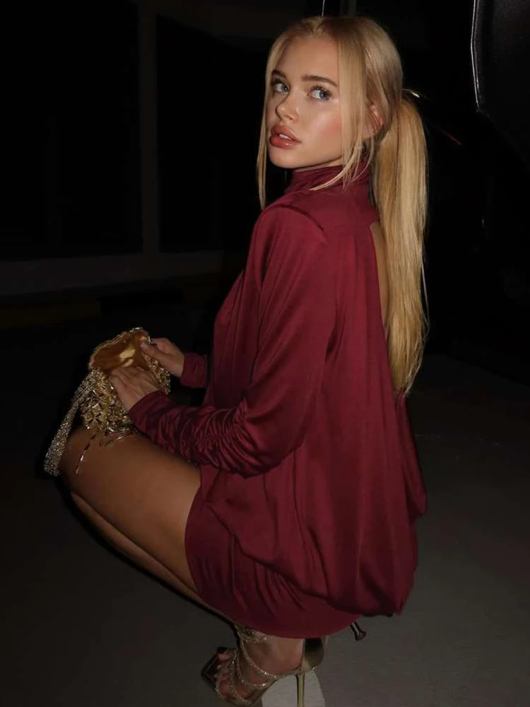 Weird Puss Sexy Satin Rückenfreies Kleid Frauen Halb Hohen Kragen Geraffte Weihnachten Geburtstag Pfirsich Hüfte Hottie Stretch Schlank Mini Bodycon