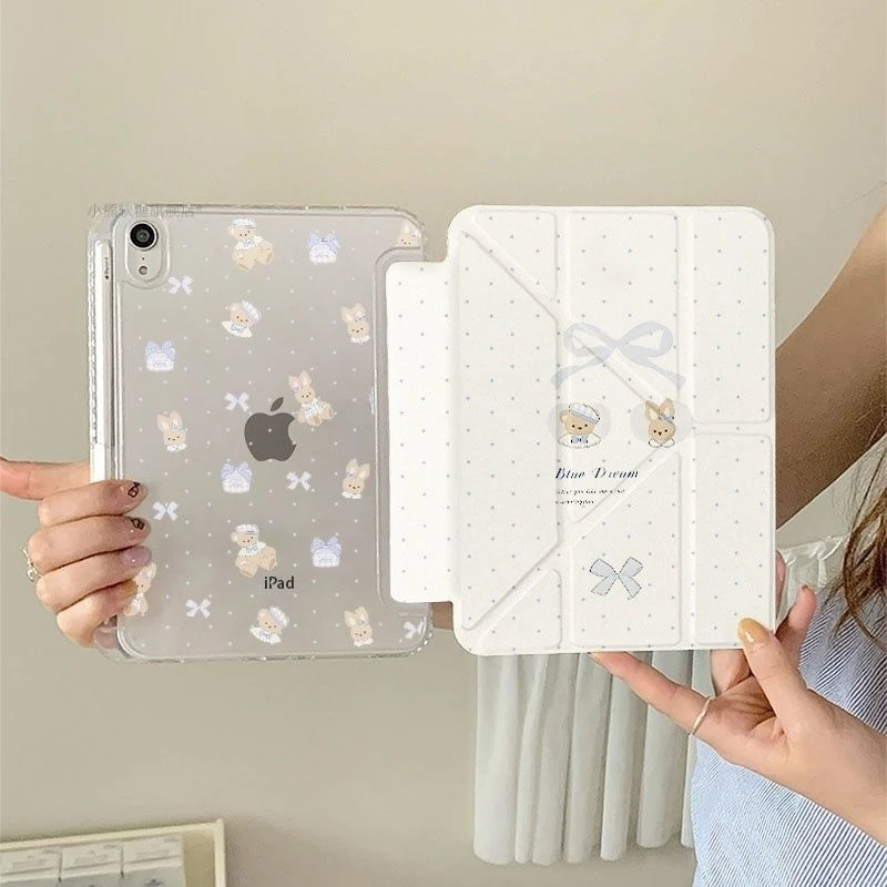 Polka-dot Gift Bear 3+Y Fold Case for IPad10.2 7/8/9th 4/5 10.9 10th IPad 7th Generation Case Mini 6 8.3 Pro11/13 Air11/13 12.9