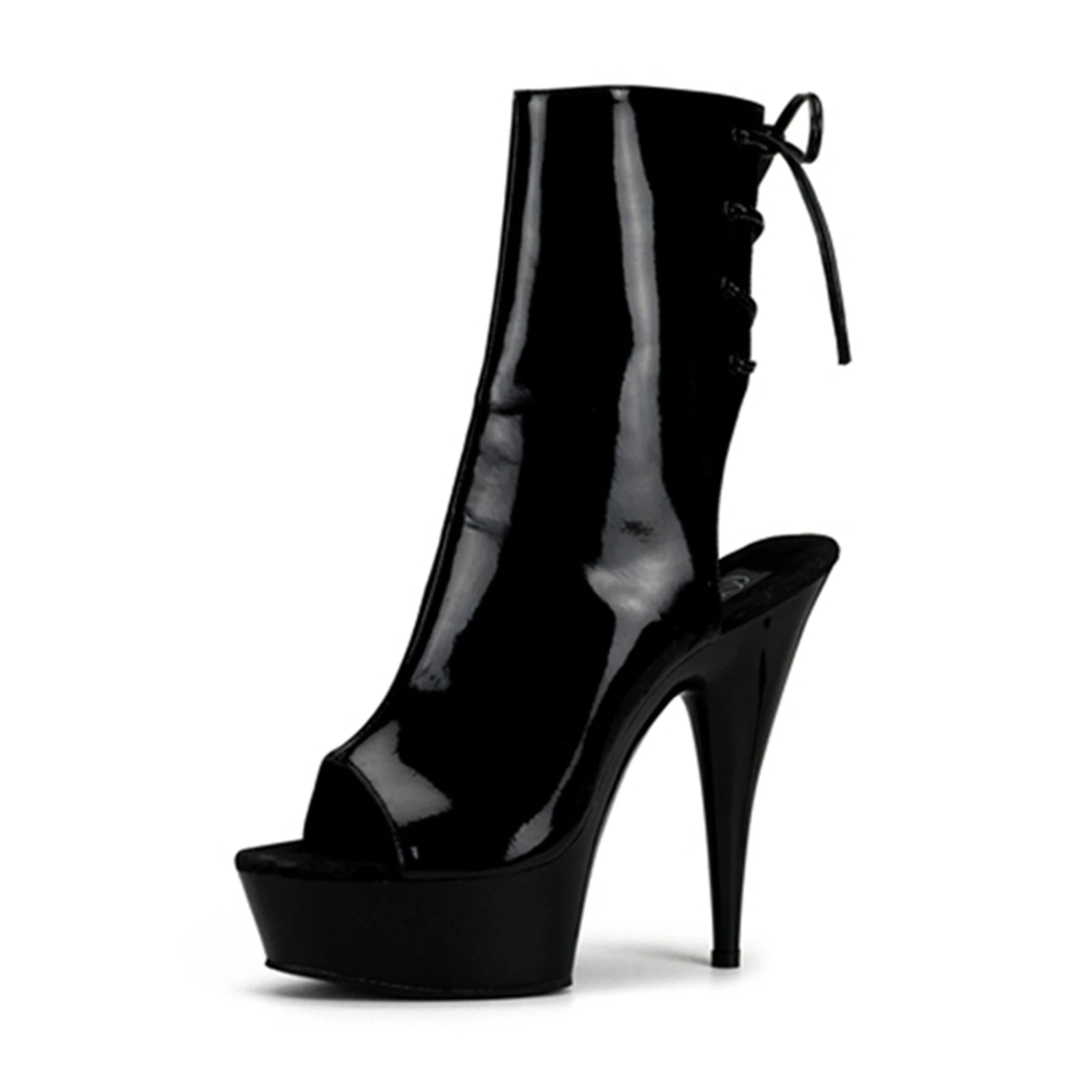 

2024 Women's Edgy Matte Black Leather Platform 15CM Stiletto Heels Peep Toe Ankle Cutout Lace up Gothic Club Footwear