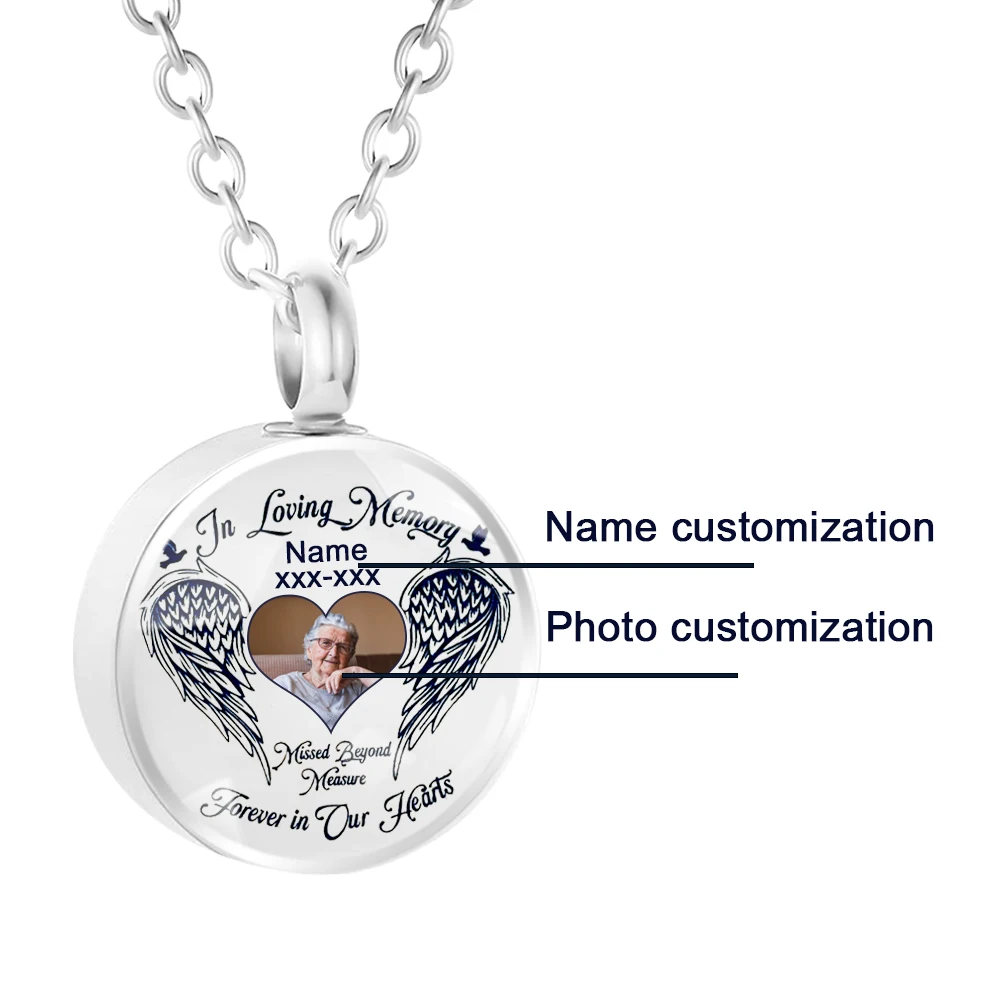 Angle Wings Round Urn Necklaces for Ashes Personalizd Cremation Jewelry for Ashes Memory Jewelry for Women Men-Photo Customiz