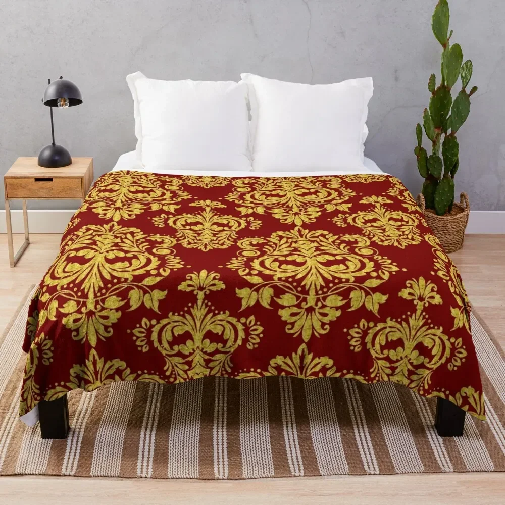 Gold and dark-red floral damask pattern Throw Blanket Winter beds Hairy Thin Luxury Designer Blankets