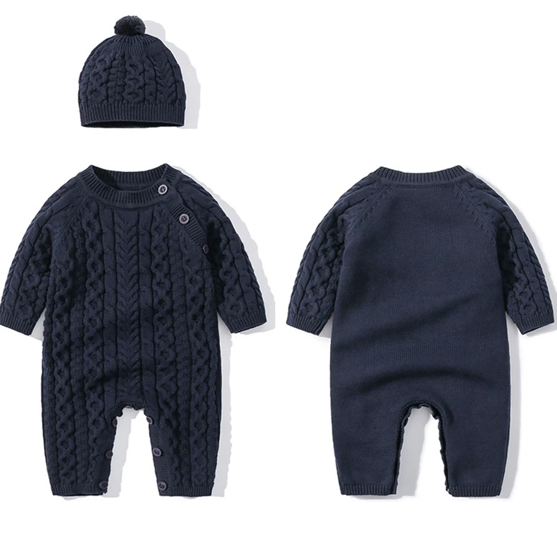 Autumn Newborn Girl Boy Knitted Jumpsuits Outfits Baby Rompers Caps Clothes Sets Winter Long Sleeve Toddler Infant Overalls 2pcs