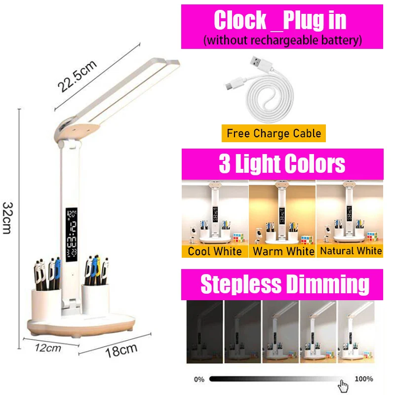 LED Clock Table Lamp USB Chargeable Dimmable Desk Lamp 2 Heads 180 Rotate Foldable Eye Protection Reading Night Light