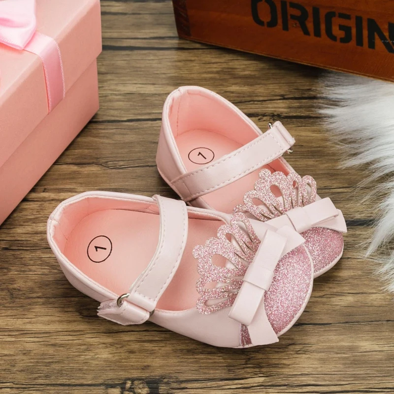 Baby Girls Mary Flats Infant Non-Slip Soft Sole Sequins Crown Prewalkers PU Leather Newborn Bowknot Princess Wedding First