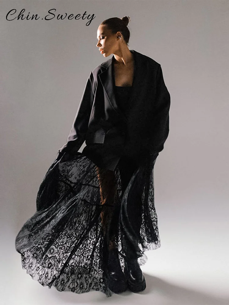 

Elegant Lace Translucent Tulle Skirts Women Black Loose Ankle Length Skirt 2025 Spring Summer Lady Chic High Street Outwears New