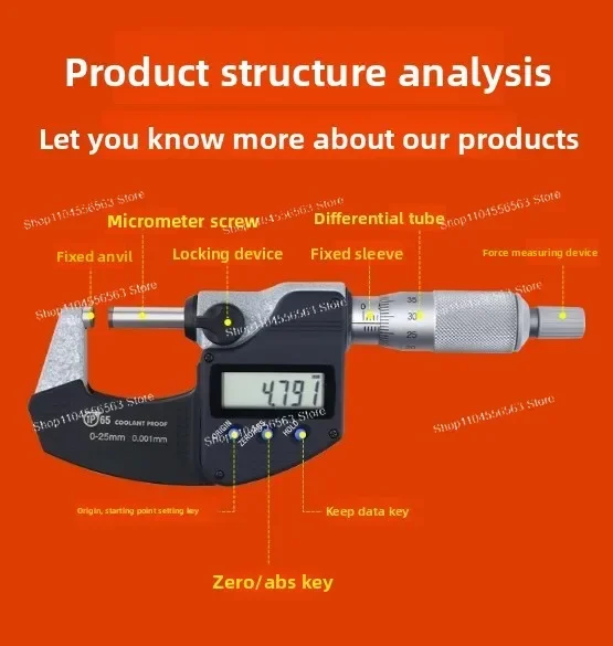 ​​0-25mm Digital Micrometer - 0.001mm Resolution Electronic Outside Diameter Gauge with Chrome-Plated Frame