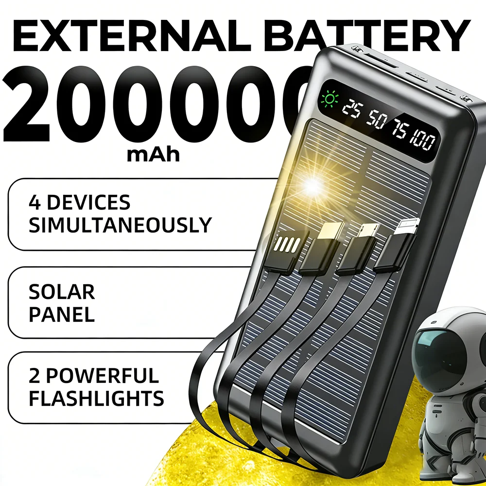 200000 mAh 태양광 보조베터리 초고속 충전 초대용량 USB 유형 C LED 조명 Xiaomi iPhone 15용 4 in1 야외