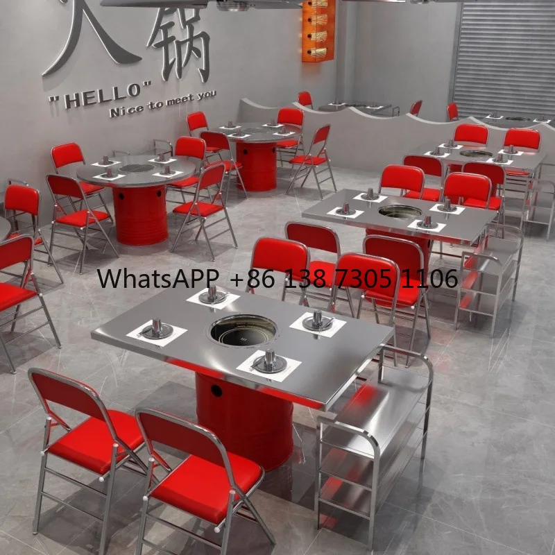 

Stainless steel industrial barbecue table smokeless hot pot table and chair induction cooker integrated metal removable