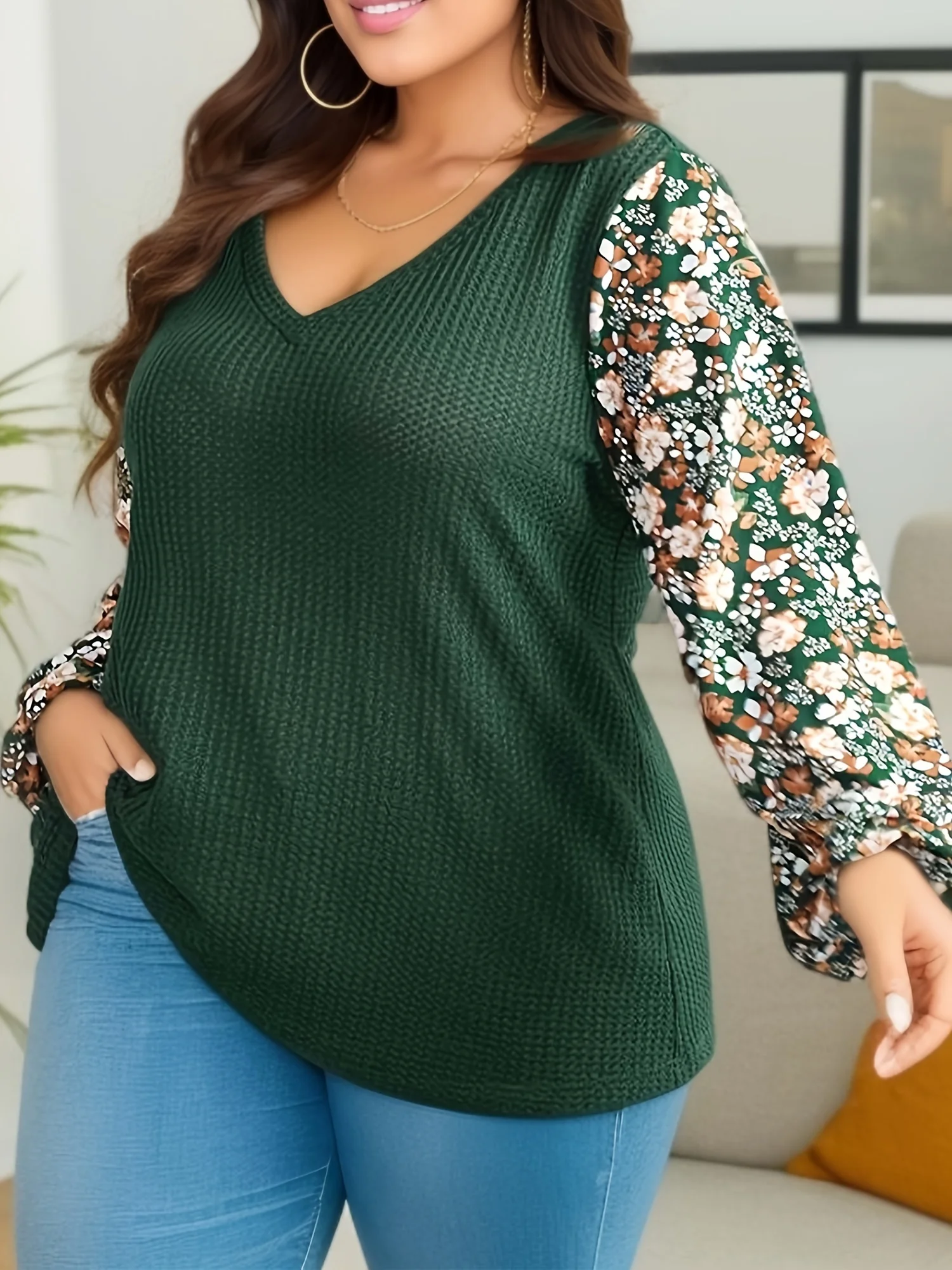 Plus Size gofry Patchwork Ditsy kwiatowy dekolt z dekoltem w szpic koszulka