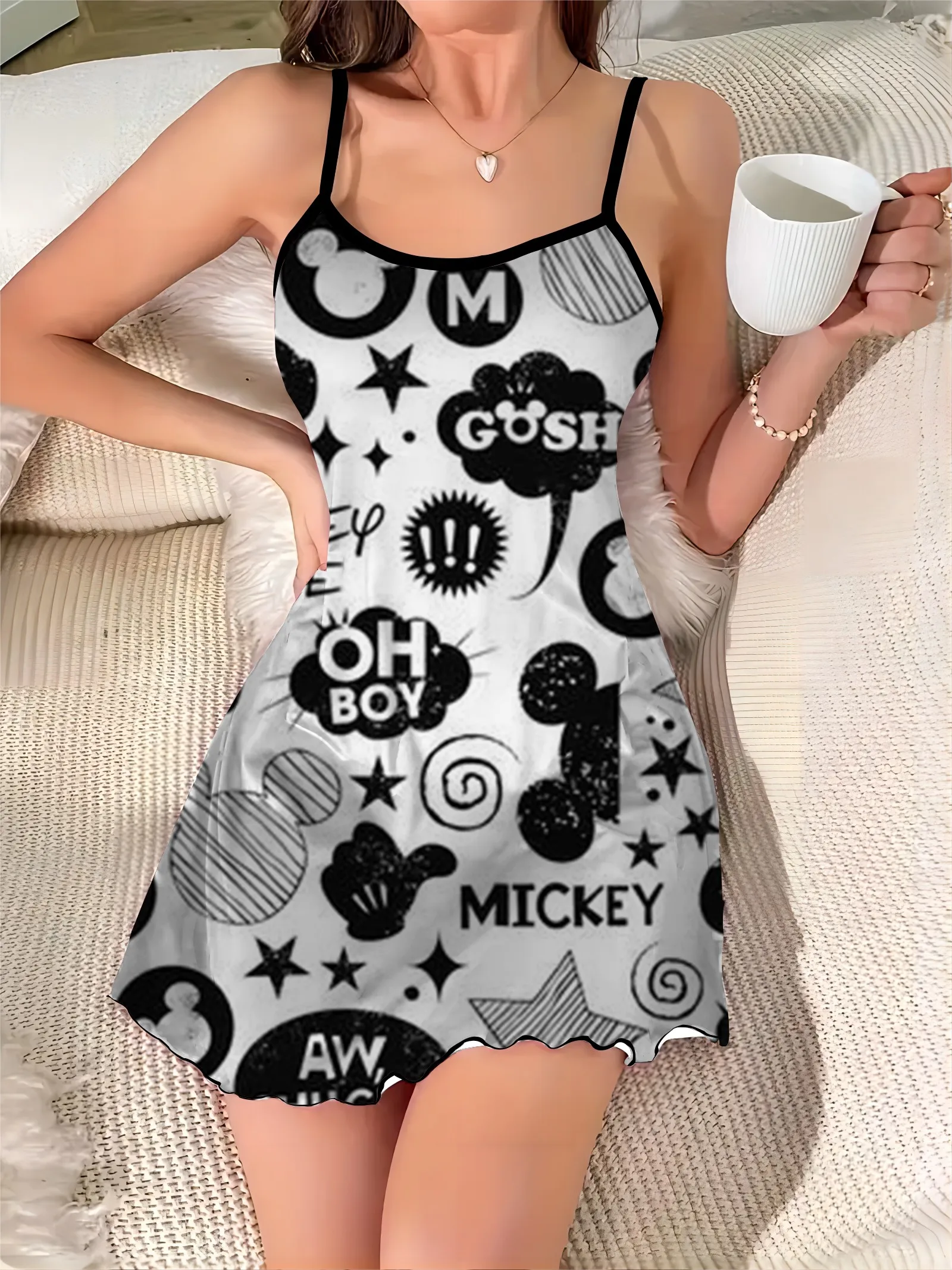 Mickey Crew Neck Mini Dress Disney Elegant Dresses for Women Lettuce Trim Pajama Skirt Satin Surface Minnie Mouse Chic Sexy Trim