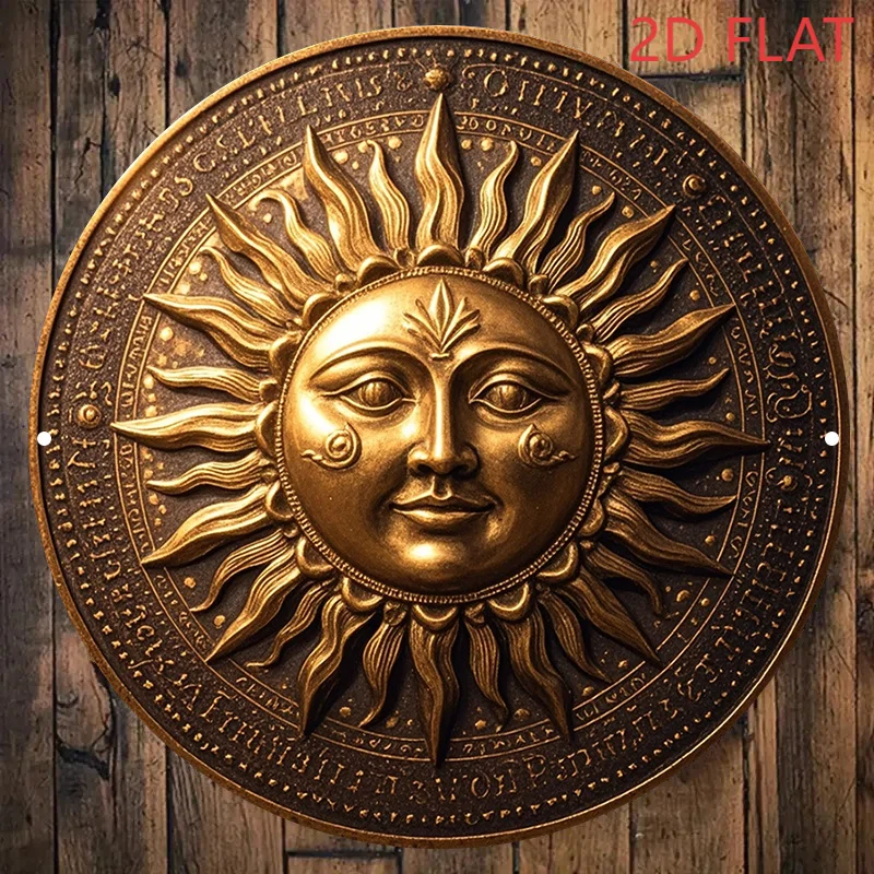 Vintage Sun Moon Metal Wall Art Round Aluminum Sign, 2D Flat Poster Retro Gold Coin Design for Home Bar Restaurant Halloween Chr