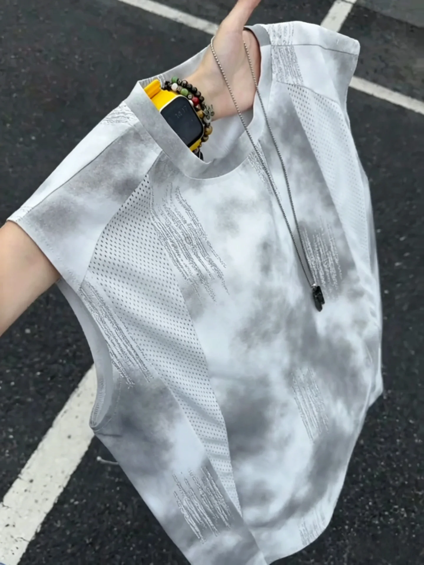 White Quick Dry Tie Dye Mesh Vest Men Summer Thin Sleeveless Fitness Sport Shoulder Design Polyester Fiber Breathable Outerwear