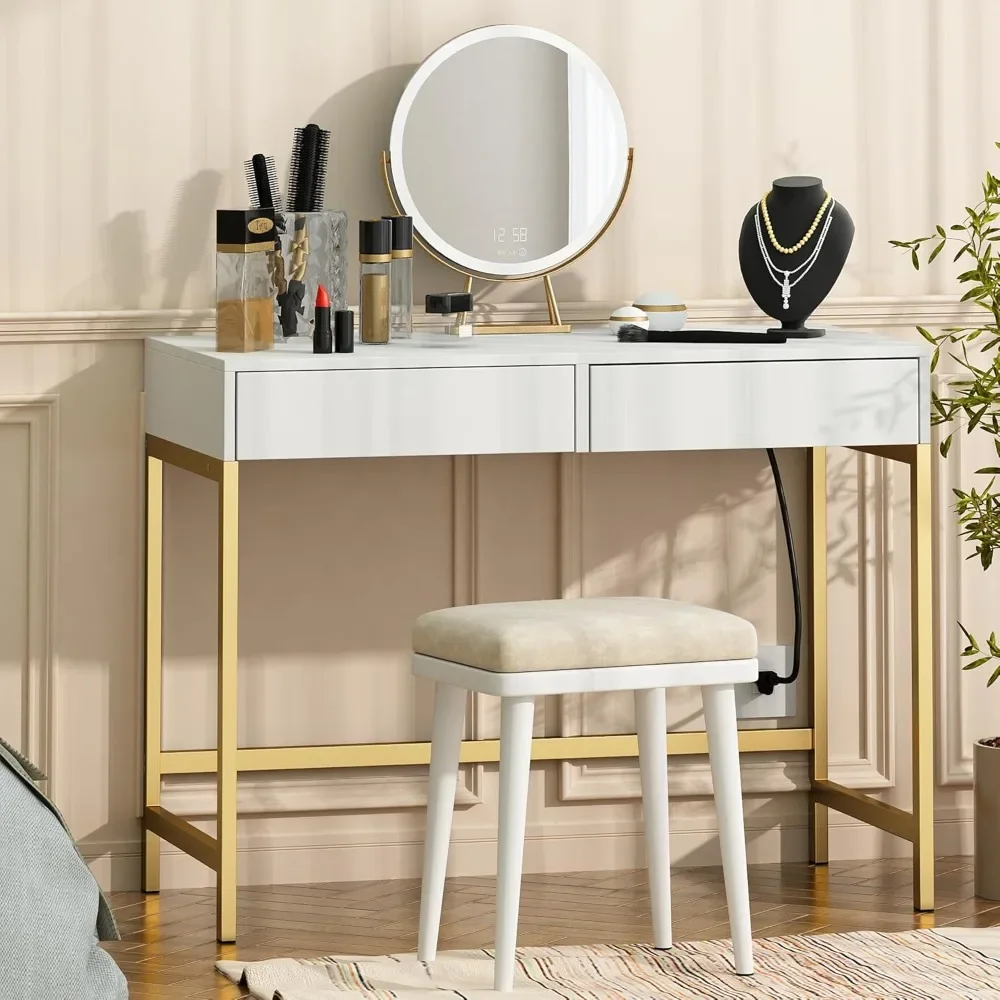 

Computer Desk with USB Charging Ports and Power Outlets, Modern Simple 40 inch Vanity Desk with 2 Drawers, Makeup Table