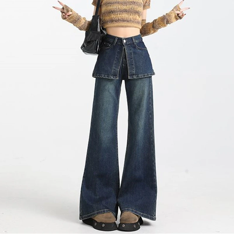 FINEWORDS Vintage Casual Bell Bottom Jeans Vintage Streetwear Casual Flared Jeans Full Length Loose High Waist Jeans