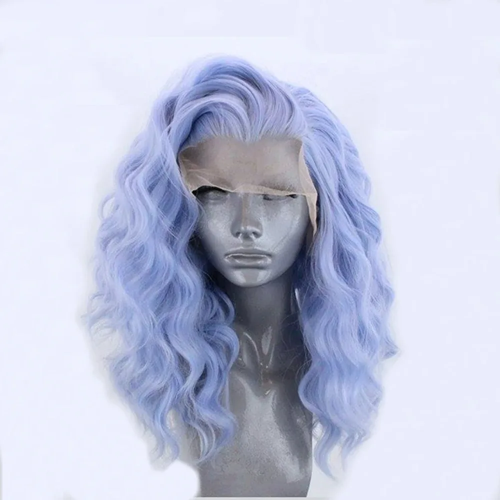 ライトブルーウェーブボブウィッグ合成レースフロントウィッグ女性用スカイブルーウィッグルーズカールショートボブレースヘアディープウェーブショートレースウィッグ