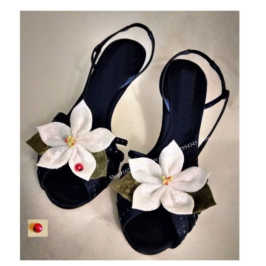 Black White Flower Decor Buckle Sandals Thin High Heel Peep Toe Fashion Sexy Novel Western Summer Woman Shoes Zapatillas Mujer