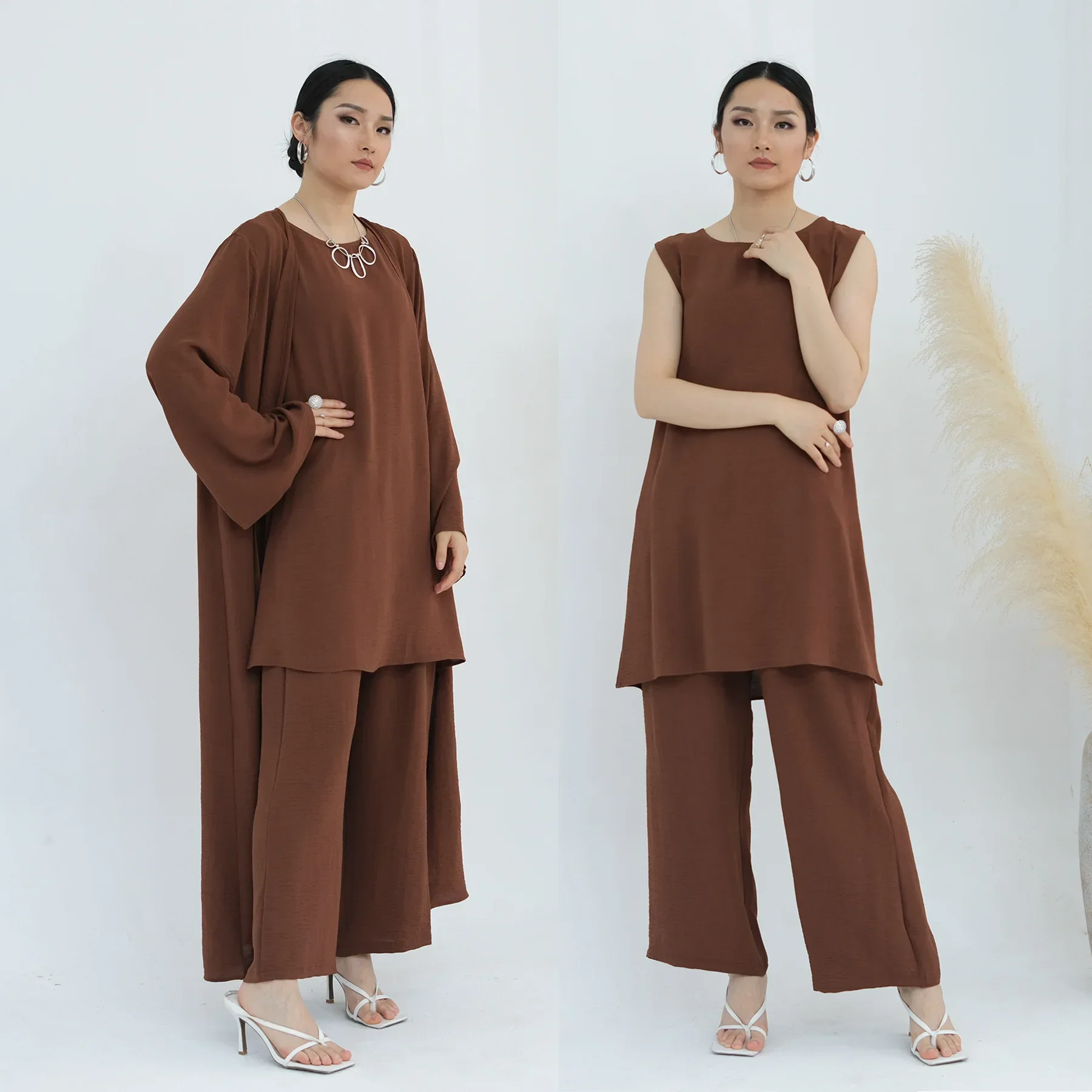 Donne musulmane Set coordinato Kimono aperto Top + Pantaloni 2 pezzi Vestito Abiti islamici Dubai Turchia Abaya Kebaya Caftano Eid Djellaba