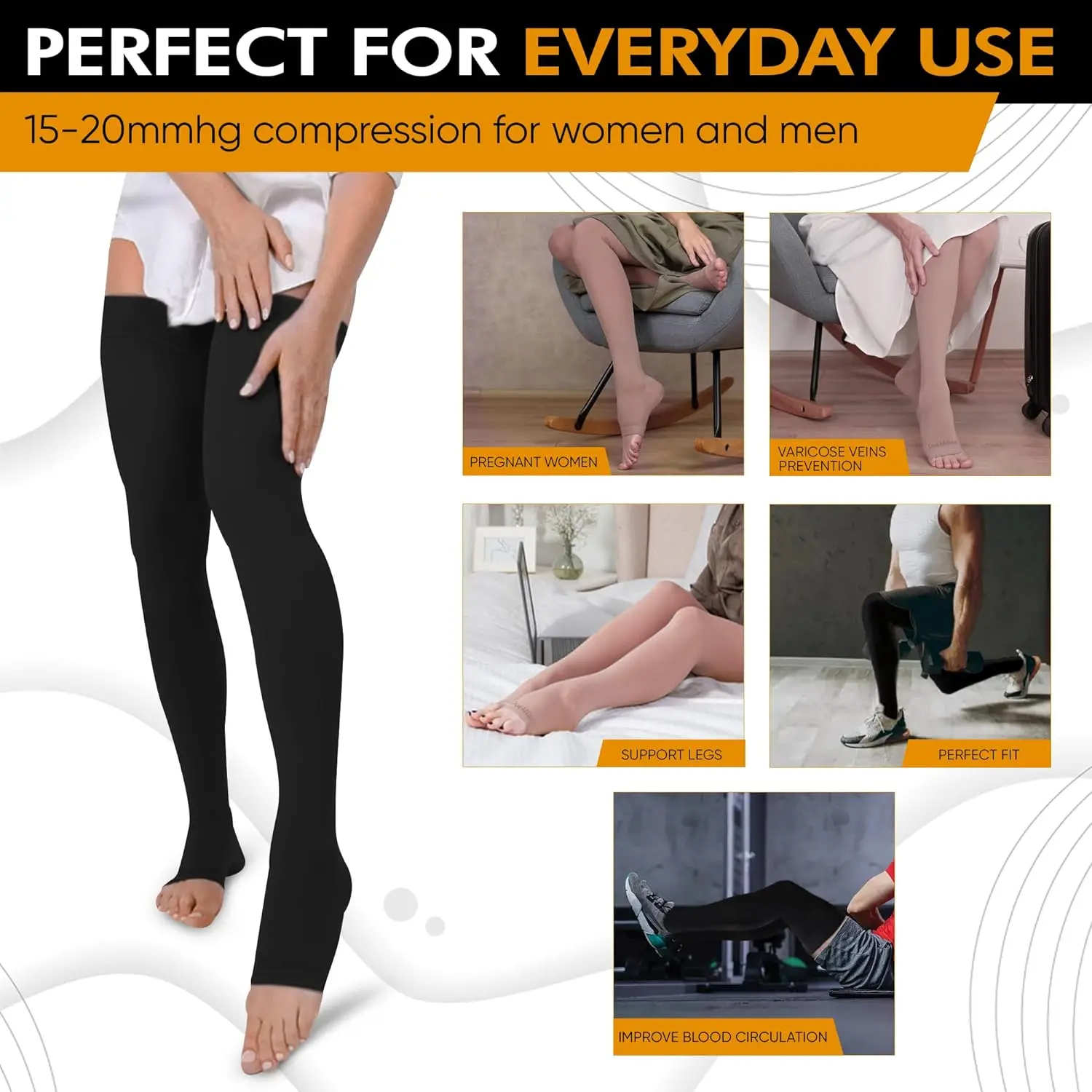 

Thigh High Open Toe Compression Stockings 15-20mmHg for Varicose Veins, Pregnancy Support for Women and Men