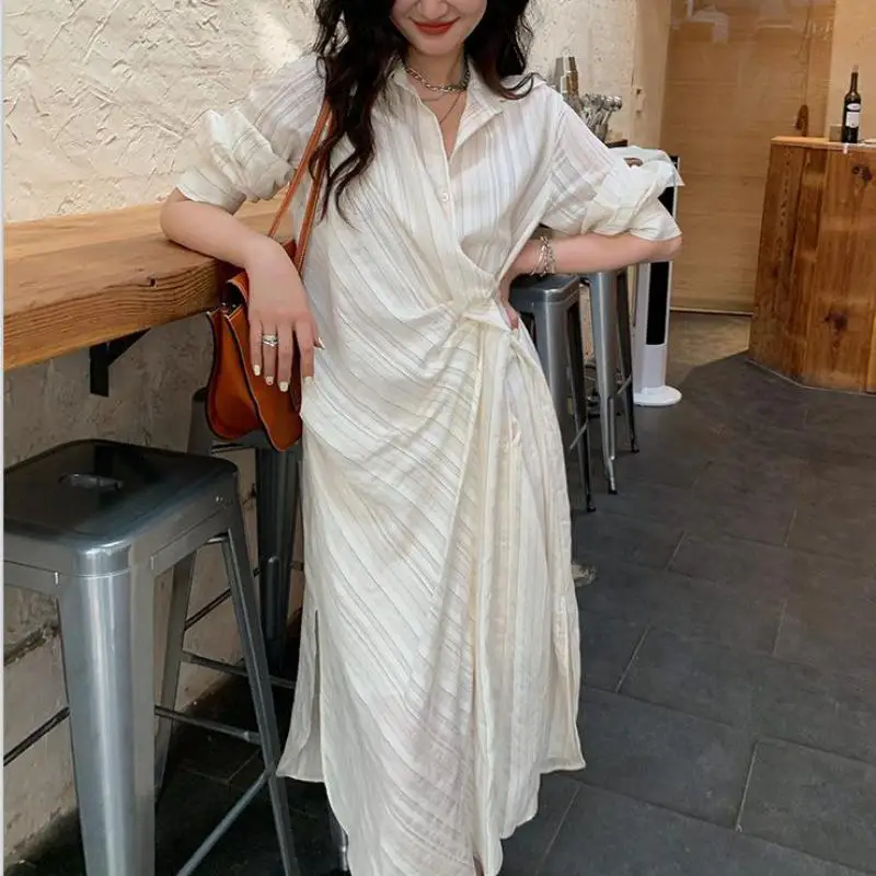 

Spring And Summer New French White Stripe Dress For Women's Design Sense Small Mid Length Waist Waist Shirt Dress