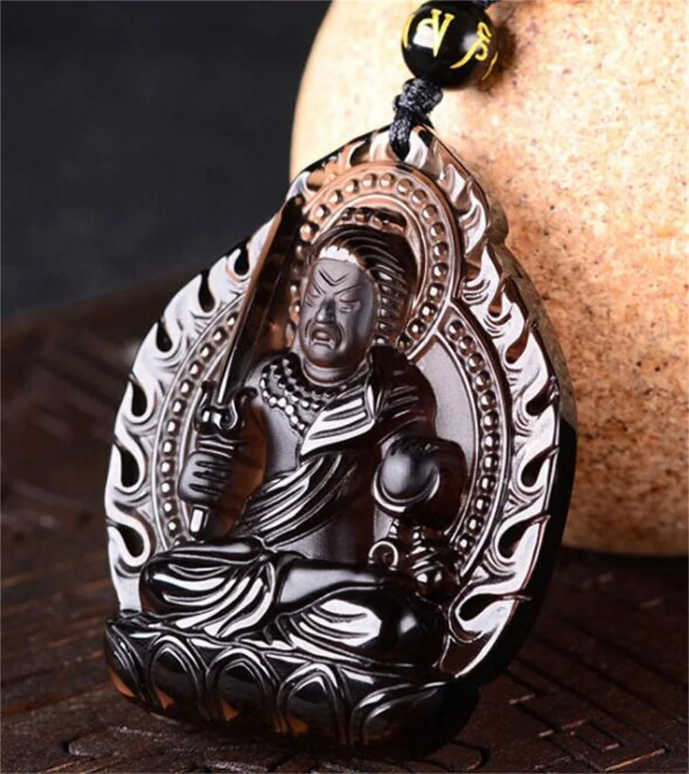 Natural Ice Clear Obsidian Carved Chinese Buddhism Eight Fire Buddha Kwan-Yin Lucky Amulet Pendant Beads Necklace Charm Jewelry
