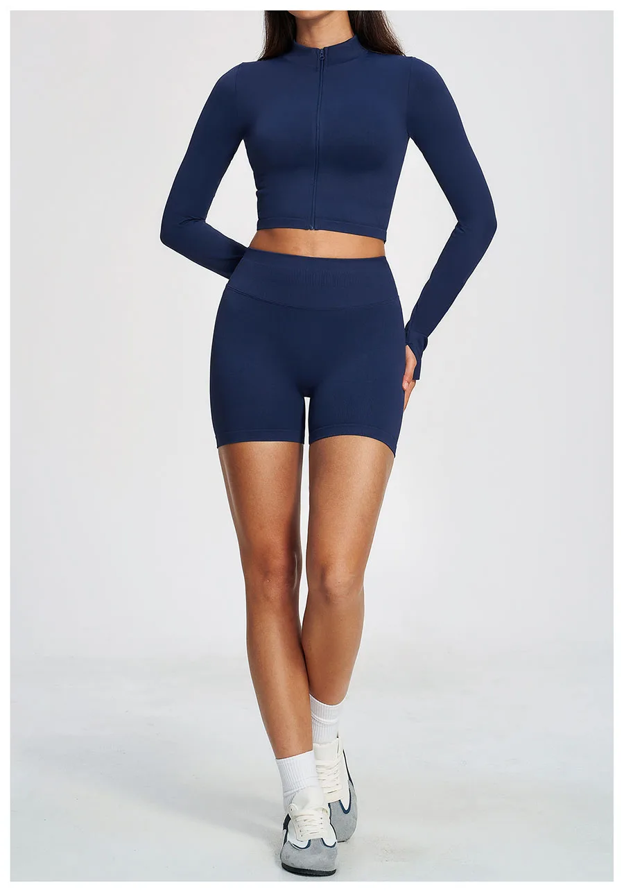 Neues 2-teiliges Yoga-Set, nahtloses Sportoutfit, Damen-Trainingsanzug, Lauf- und Workout-Kleidung, langärmelig, mit Reißverschluss, Sportbekleidung – Detail 16
