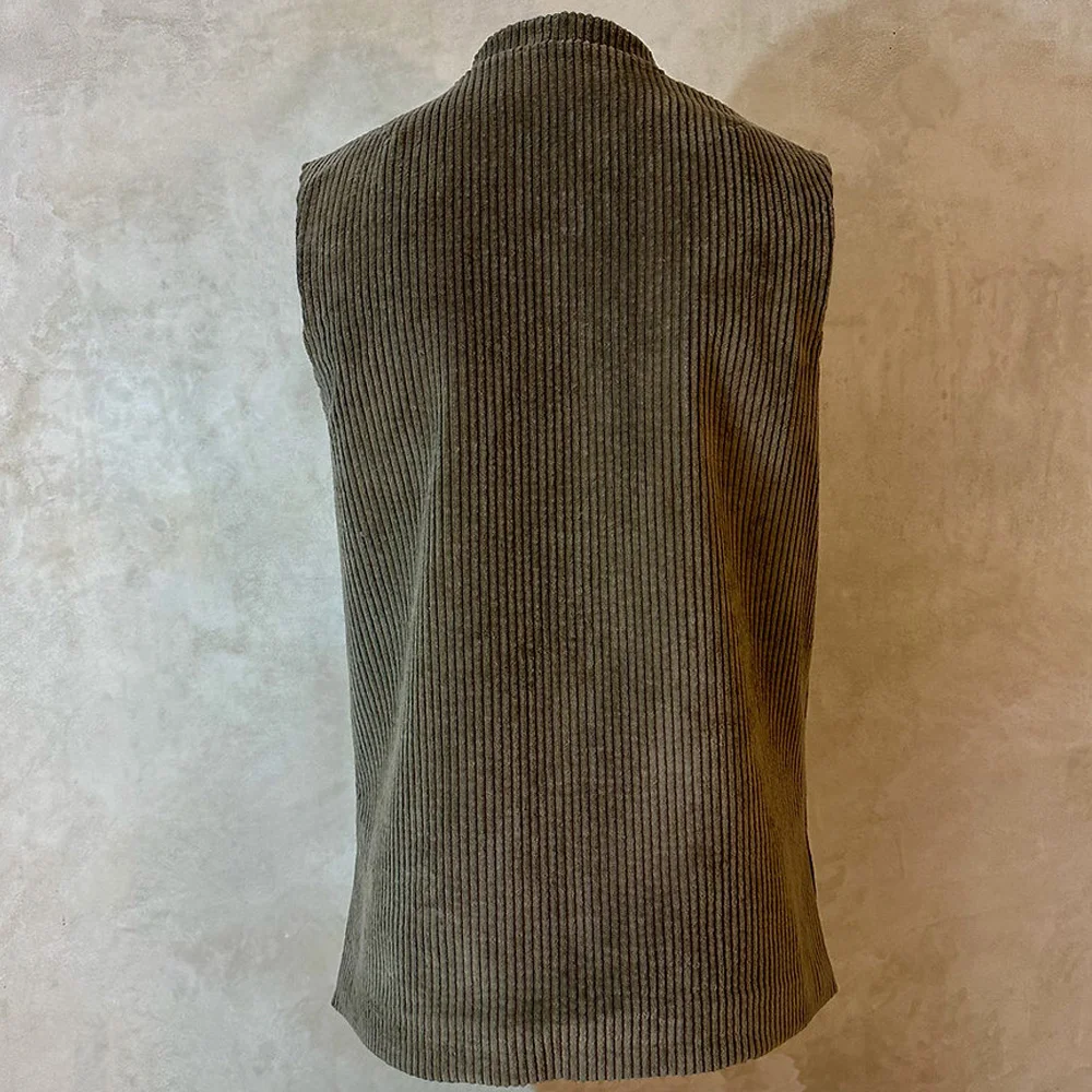 Rompi Kasual untuk Pria Saku Lurus Kain Korduroi Veston Gilet Kancing Sebaris Setelan Rompi Kerja Kerah Berdiri Pria