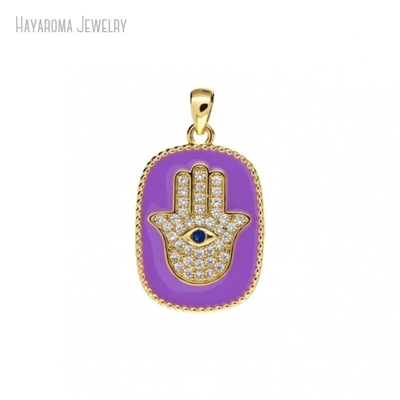 2Pcs Purple Islam Gold Color Wholesale Jewelry Copper Geometric Oblong Religious Evil Turkish Eye Enamel Pendant PM47628