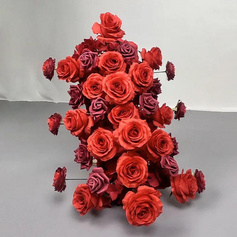 Burgunderrote künstliche Rosenblume, Hochzeitsläufer, Blumenarrangement, Bühnenhintergrund, Blumentischdekoration, Partydekoration, Requisiten – Detail 1