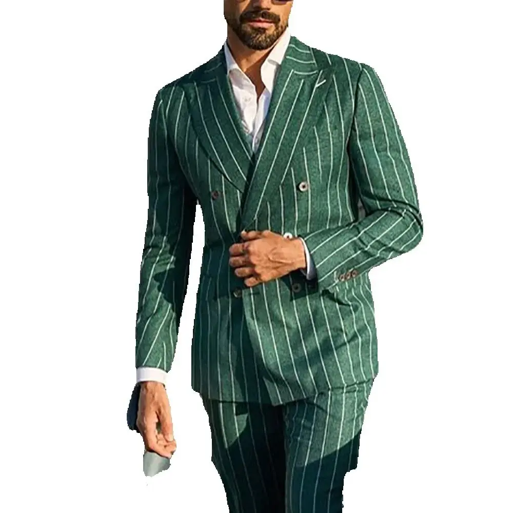 بدلة مخططة باللون الأخضر للرجال بلغت ذروتها وطية صدر عالية الجودة ملابس رجالية مزدوجة الصدر مجموعة رسمية غير رسمية ذكية من قطعتين #2