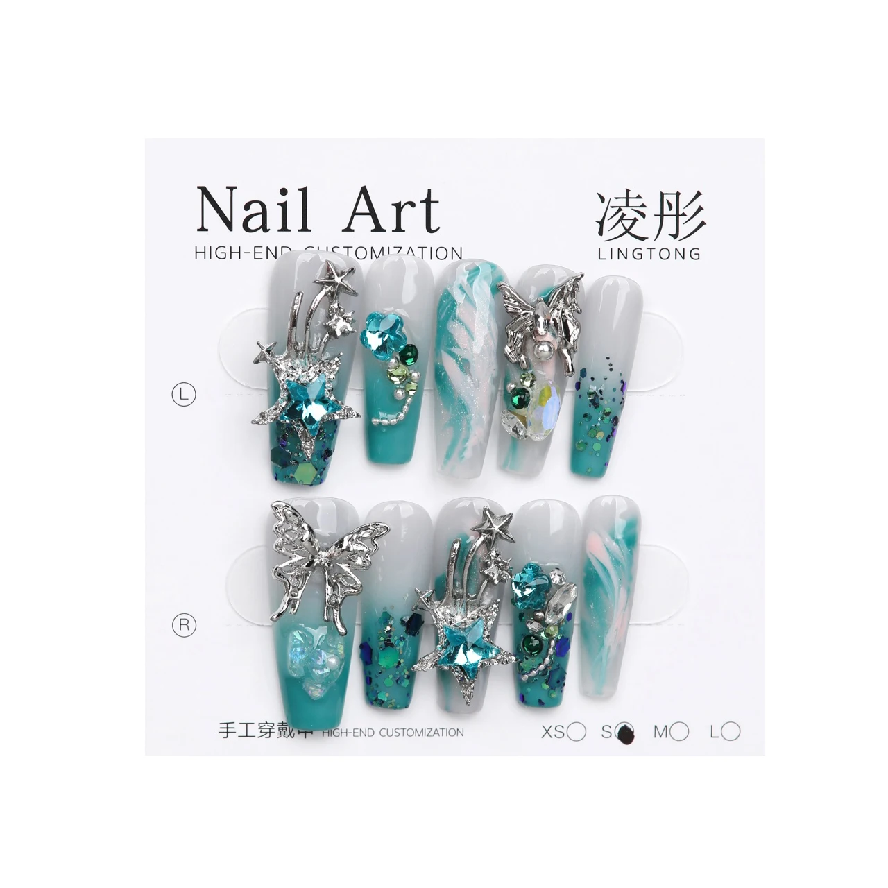 10Pcs Coffin Handmade Press On Nails Refreshing Light Green Gradient with 3D Butterfly Diamond Wearable Artificial Nail Tips Art