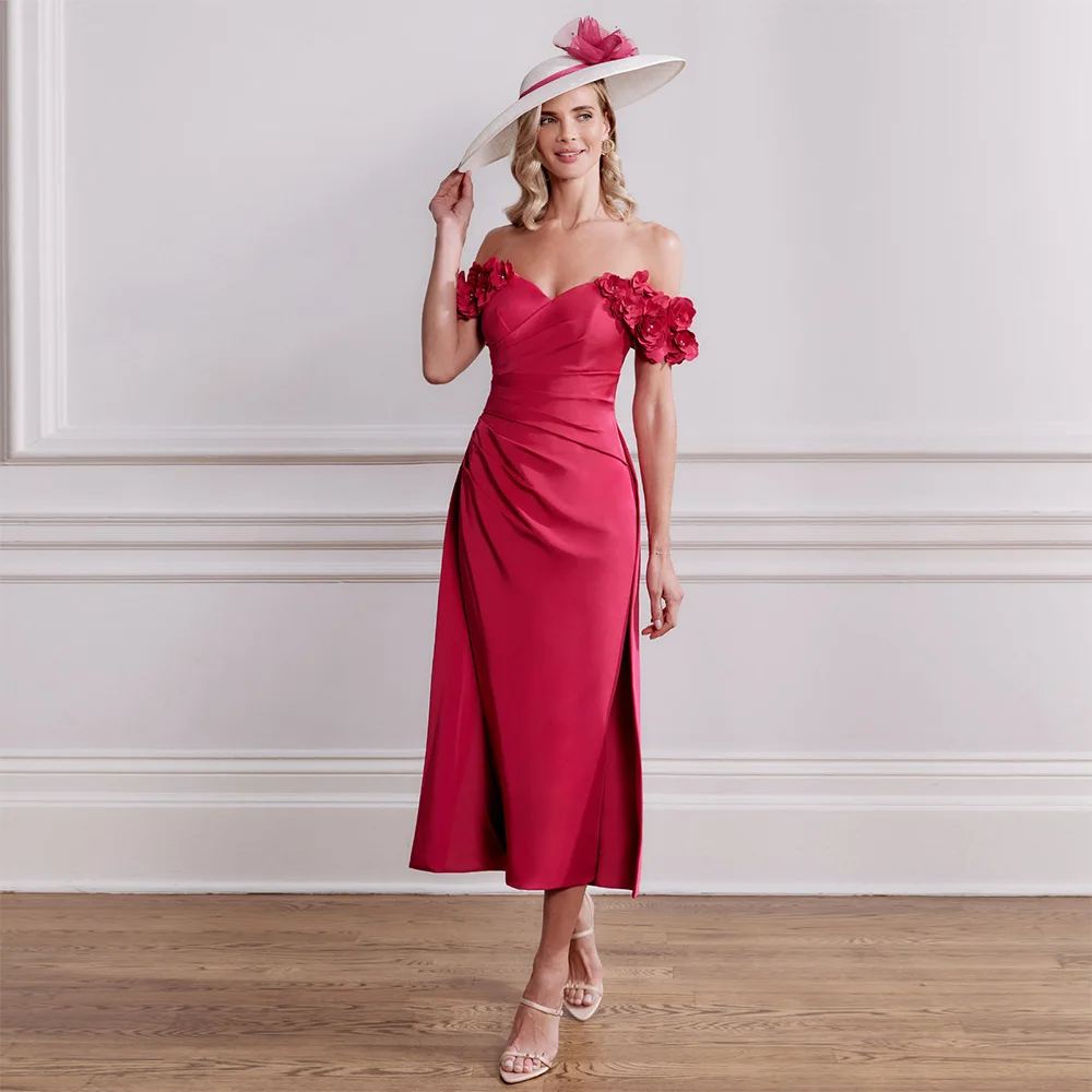 ميدي فستان الزفاف الضيوف العمود ثلاثية الأبعاد الزهور قبالة الكتف الساتان فساتين أم العروس طول الشاي رداء حفلات رسمية 2025 #1