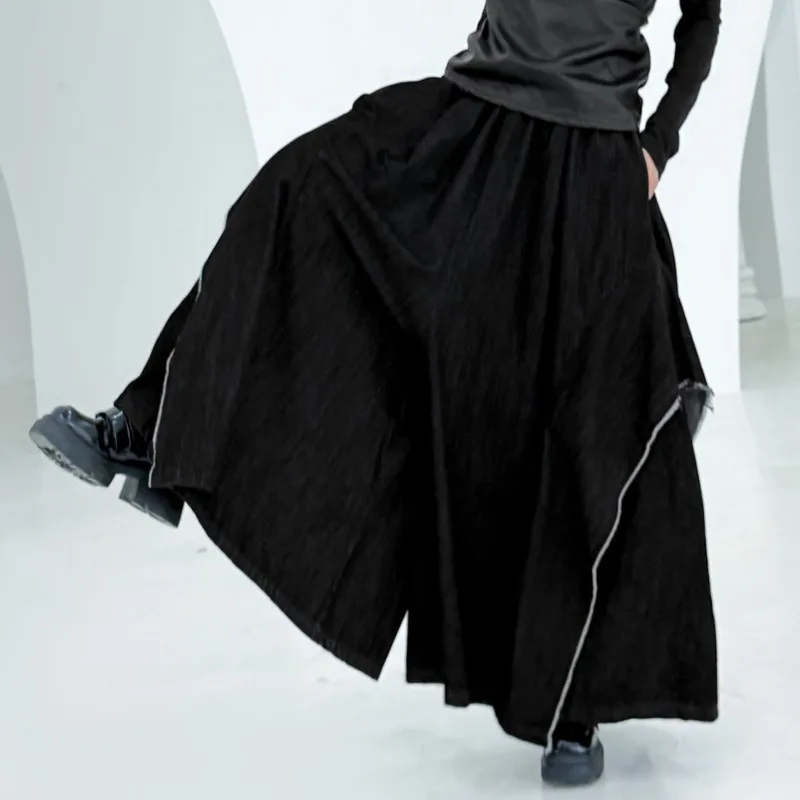 HKSH Spring Autumn New Women Wide Leg Jeans Elastic Waisted Pleated Slimming Versatile American Retro Casual Denim Pants HK13355
