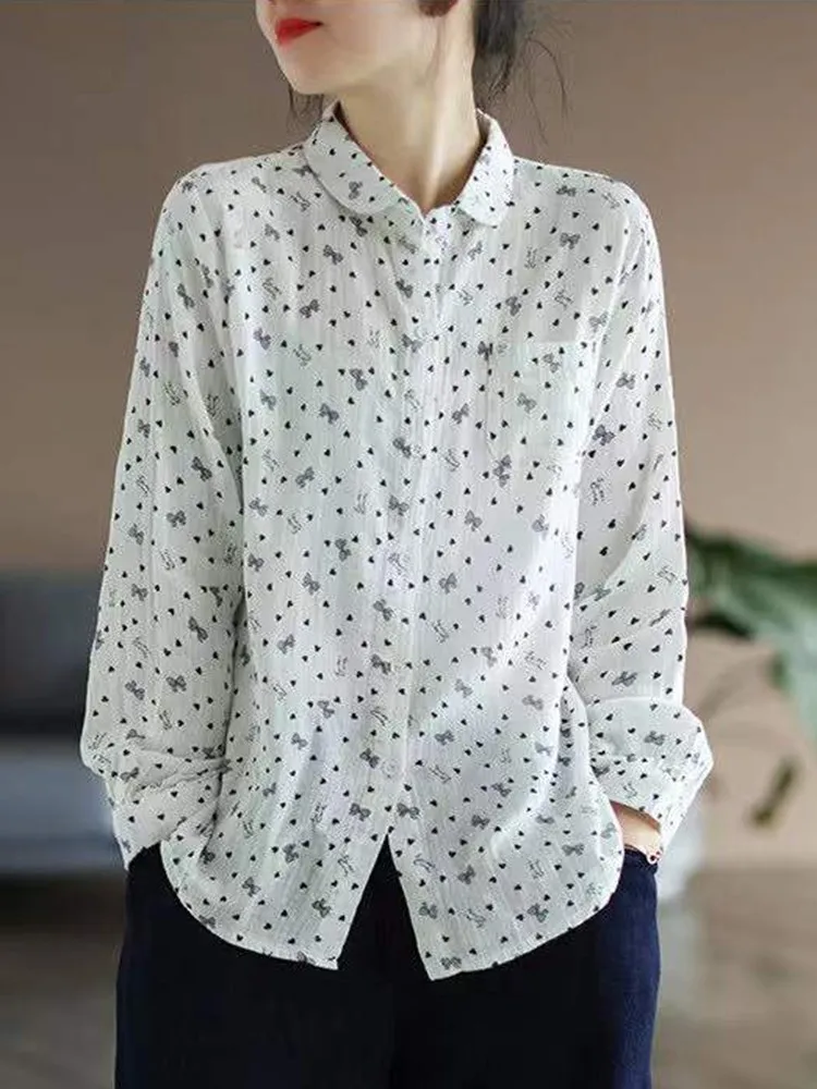 Women Long Sleeve Cotton Shirts New 2022 Autumn Simple Style Vintage Print All-match Loose Female Casual Tops Shirt B2137