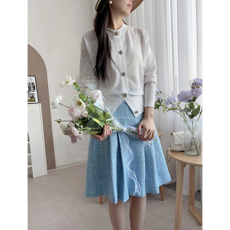 

Ele A-Line Skirt Women's Poster Sle Coarse Tweed Pleated mid Waist ort Skirt Spring Faion Selfwill Brand