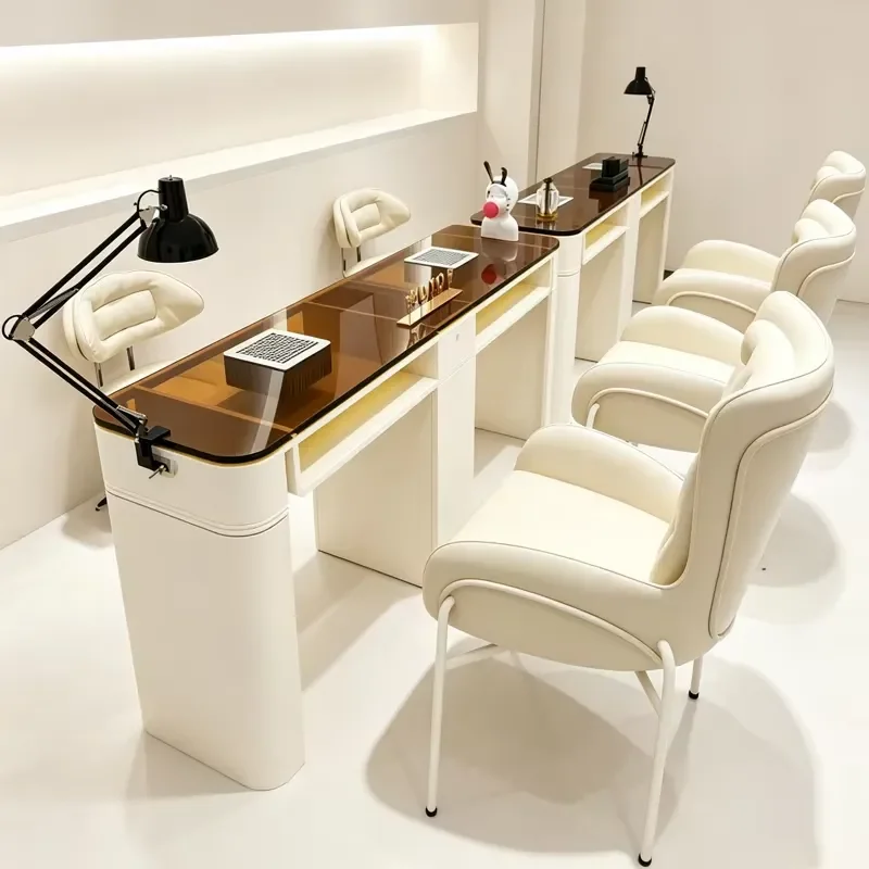 Cream Glass Manicure Table Built-in Vacuum Cleaner Socket Nail Desk Beauty Station
