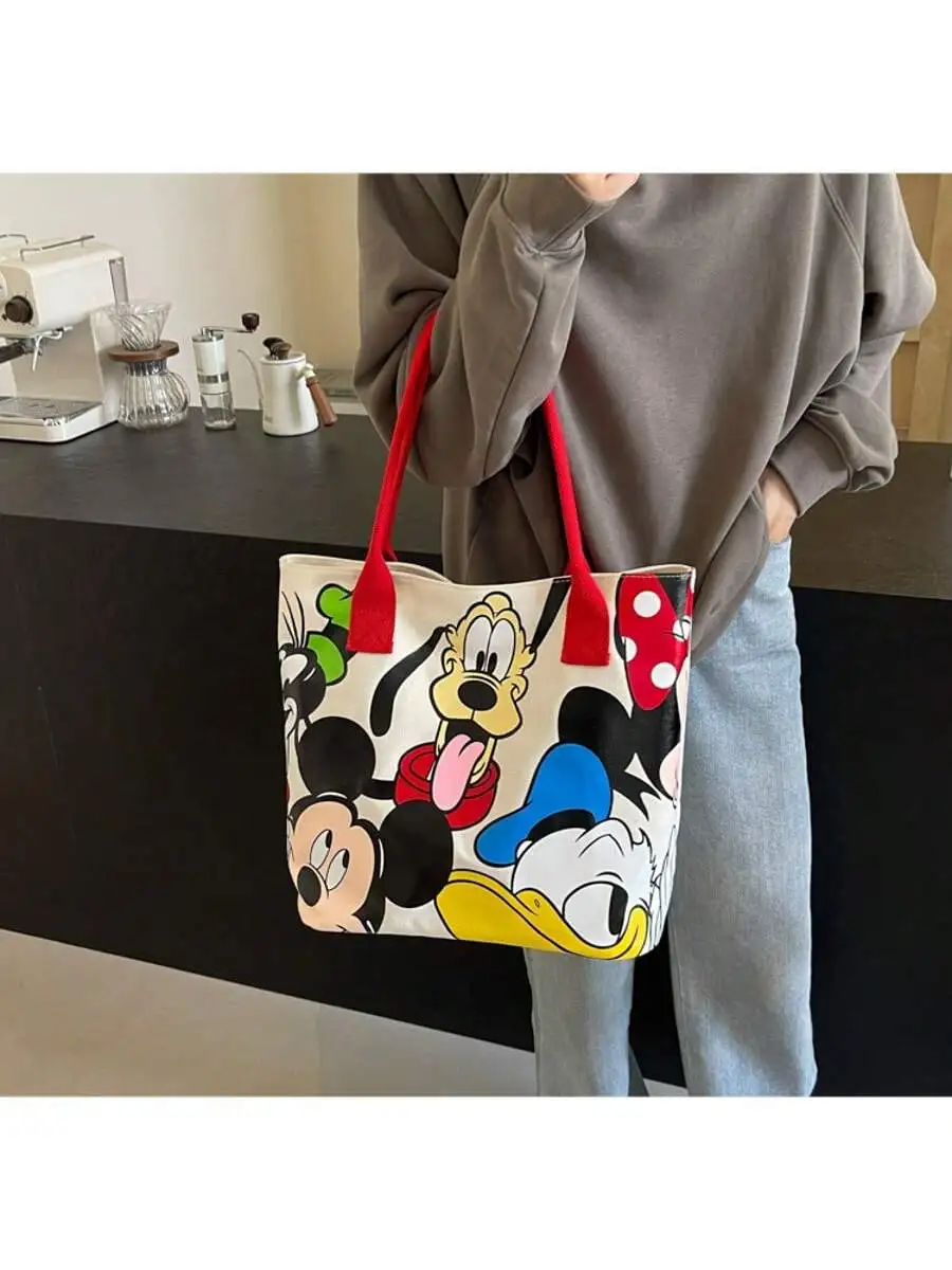 디즈니 미키 마우스 캔버스 보관 가방, 지퍼가 달린 대용량 토트 핸드백, 쇼핑 및 일상 사용에 적합