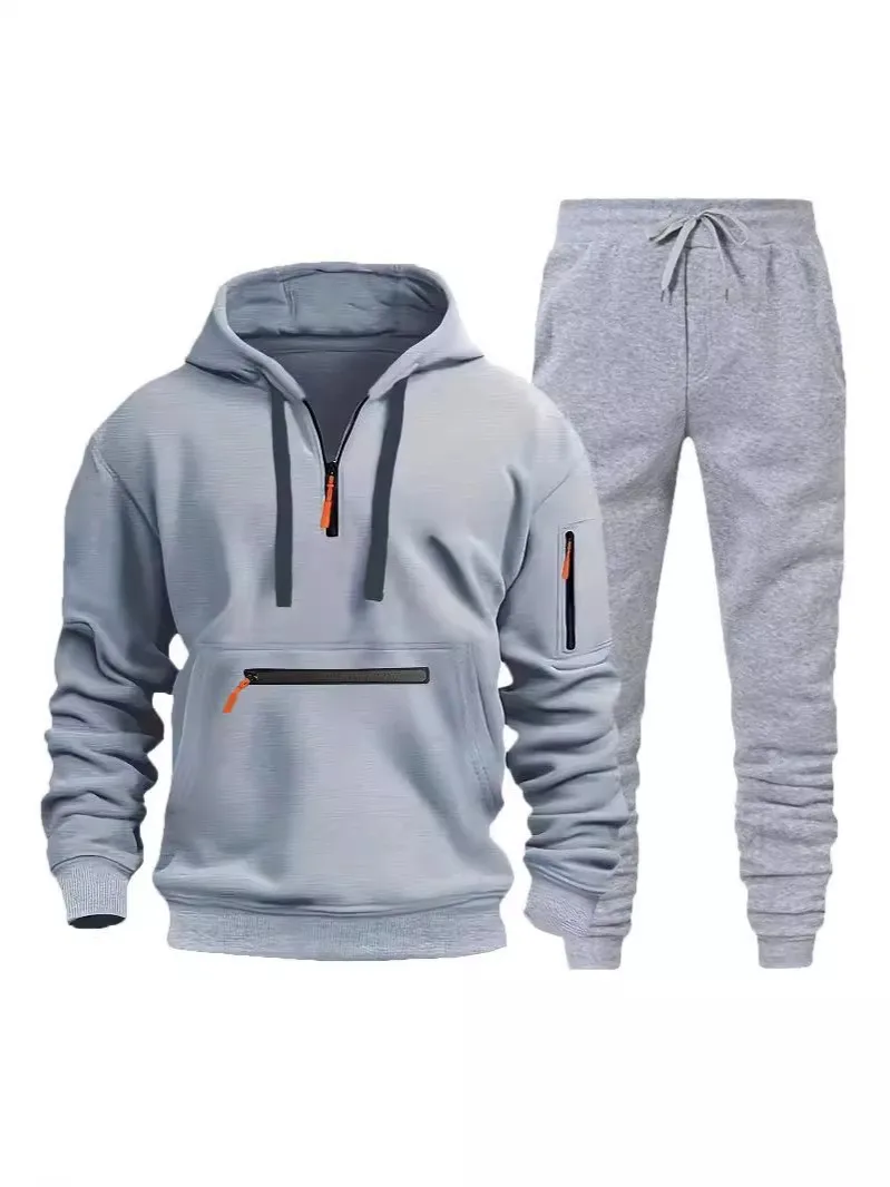 LOGO 2024 Autumn and winter men\'s fleece hoodie set pocket hoodie with multiple zippers