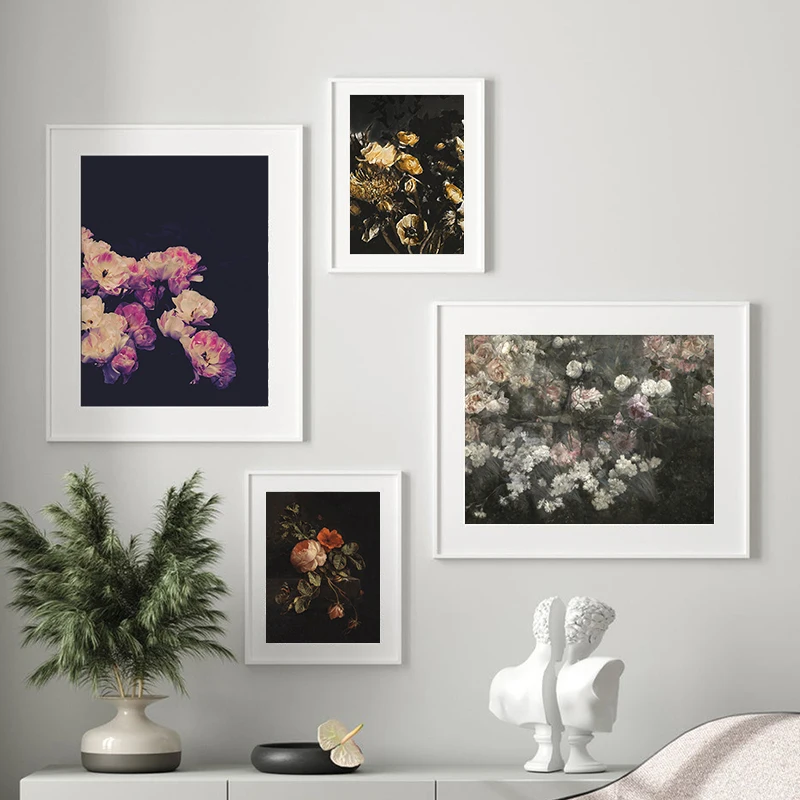 Dark Floral Still Life  Painting Moody Vintage Flower Art Print Antique Botanical Poster Canvas Painting Boho Chic Wall Decor