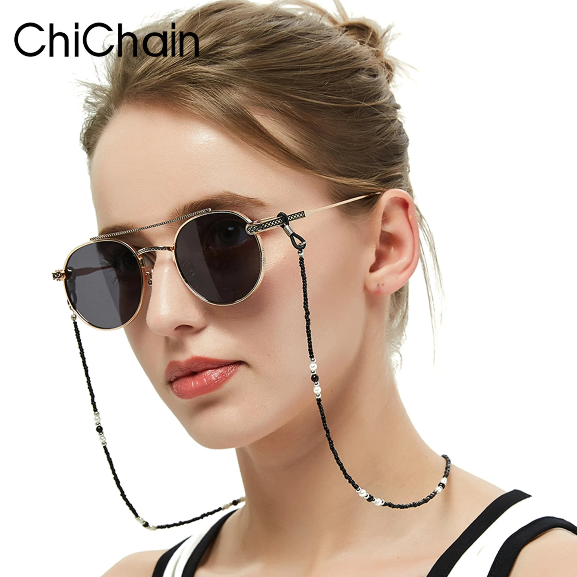 Retro schwarze Perlen Brille Kette Anti-Rutsch-Sonnenbrille Lesebrille Lanyard Riemen Acryl maske Gesicht Abdeckung Brillen halter