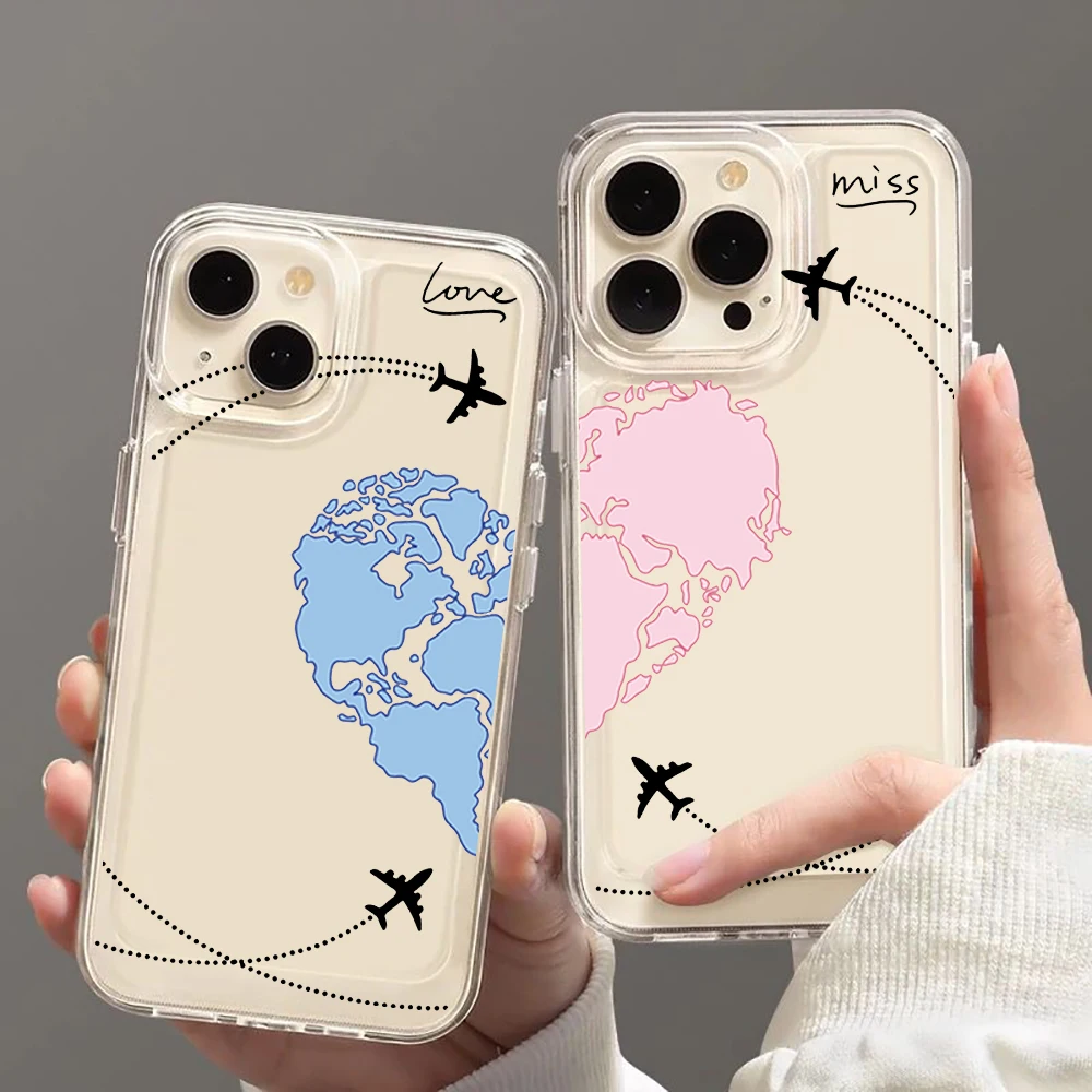 

Love Aircraft Route Sun Moon Phone Case For iPhone 16 15 14 13 12 11 Pro Max Mini X XS SE 7 8 Plus 16E Transparent Cover Fundas