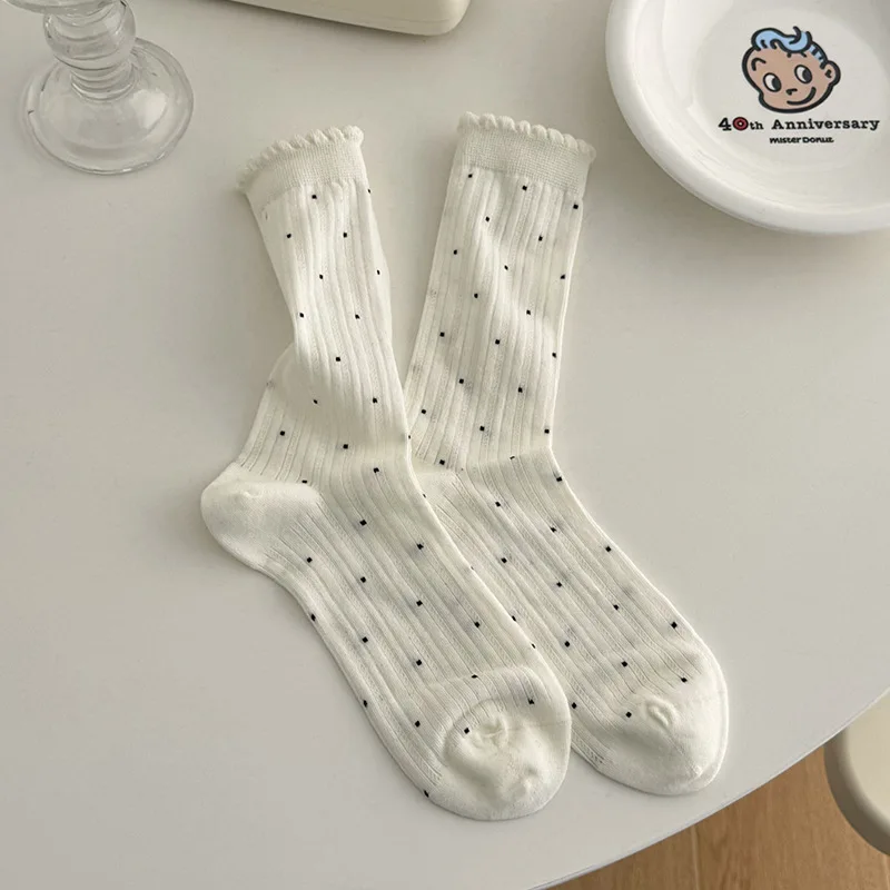 7 paires de chaussettes Coquette mi-mollet pour femmes, ensemble de chaussettes hautes amples à pois, à la mode, en coton, avec une volants, de haute qualité, automne