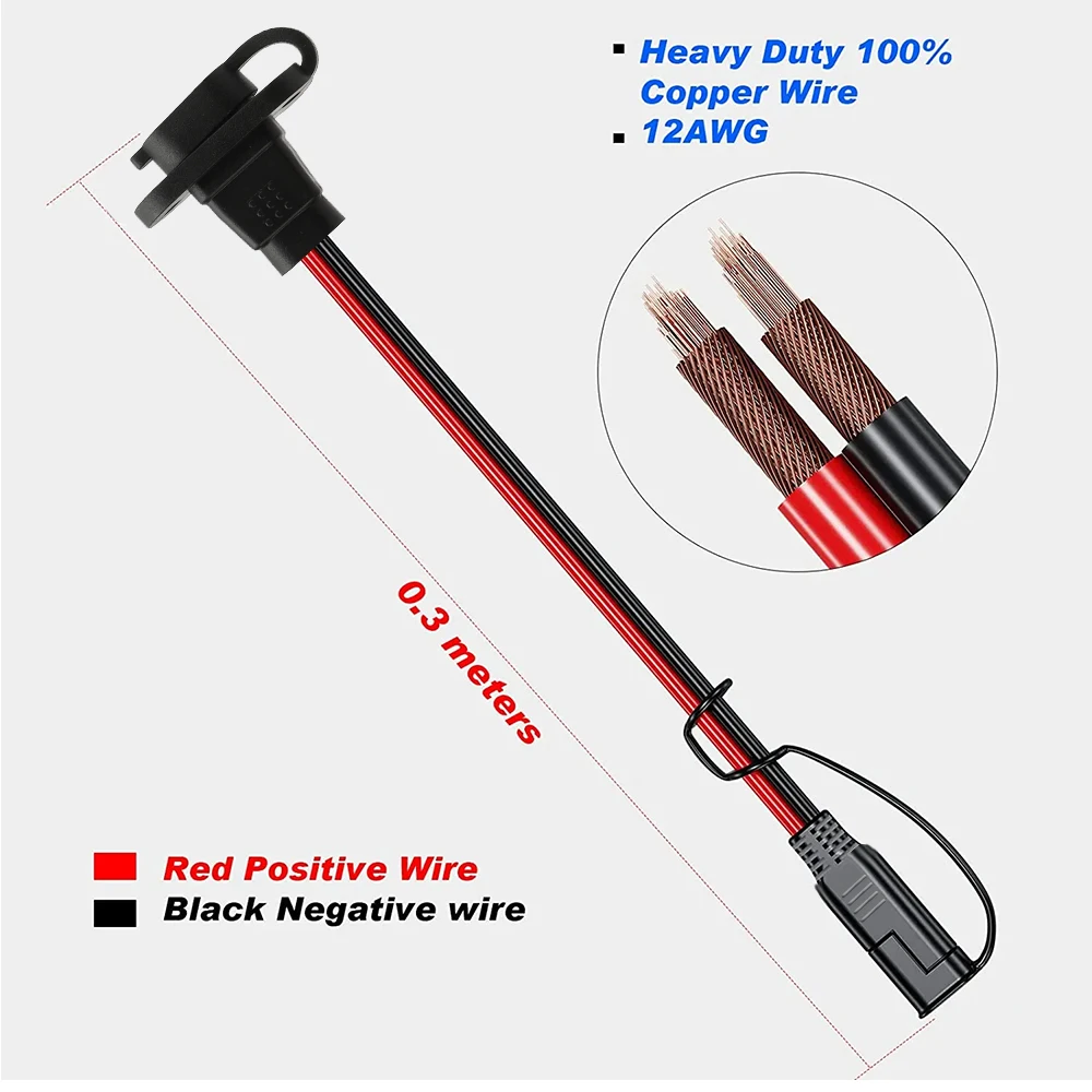 12-36V SAE Quick Connector Harness 12AWG 30CM Waterproof SAE Extension Cord Sidewall Port Male Plug to Female Socket for Charger