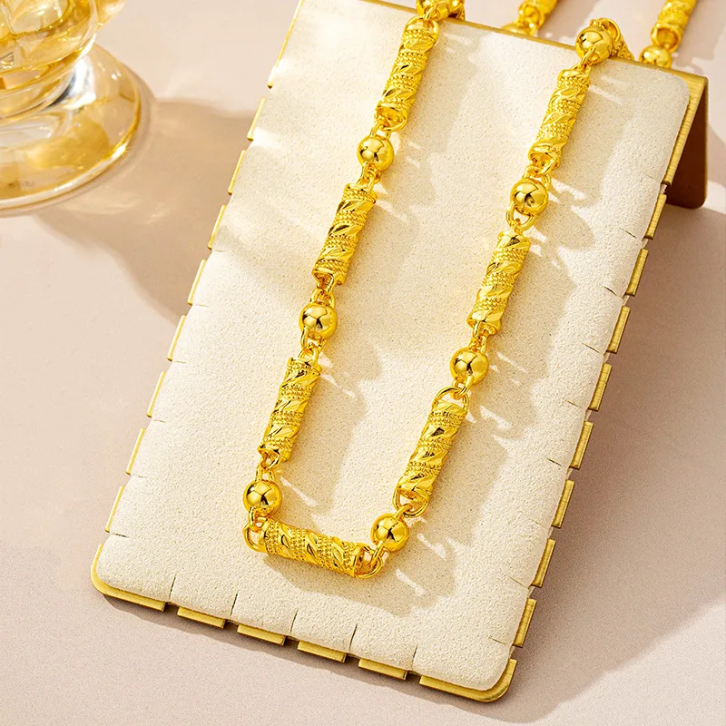 Briex Jewelry Men 24K Gold AU999 Bold Palace Style Cylinder Engraved Bamboo Bead Chain - Pure gold, enhances masculinity
