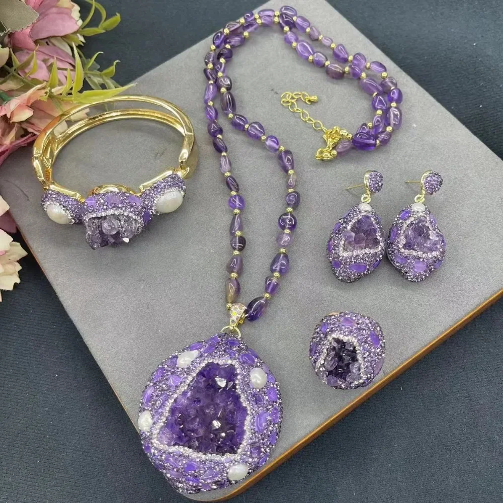 

New Natural Amethyst Raw Stone Women's Jewelry Set, Luxurious and Simple Necklace Bracelet, Exquisite Accessories for Ladies